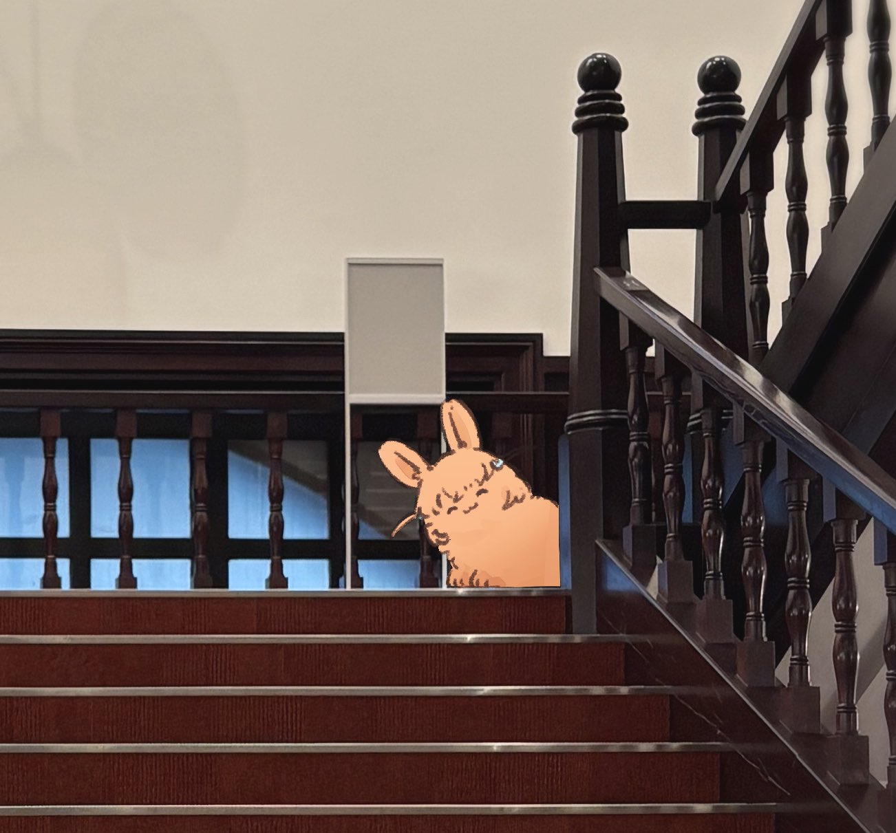 ao kaeru, hinoshita kaho, link! like! love live!, love live!, cropped, highres, :3, ^ ^, animal focus, animal with hair, closed eyes, closed mouth, facing viewer, hair ornament, indoors, no humans, photo background, rabbit, rabbit hair ornament, solo, two side up, virtual youtuber