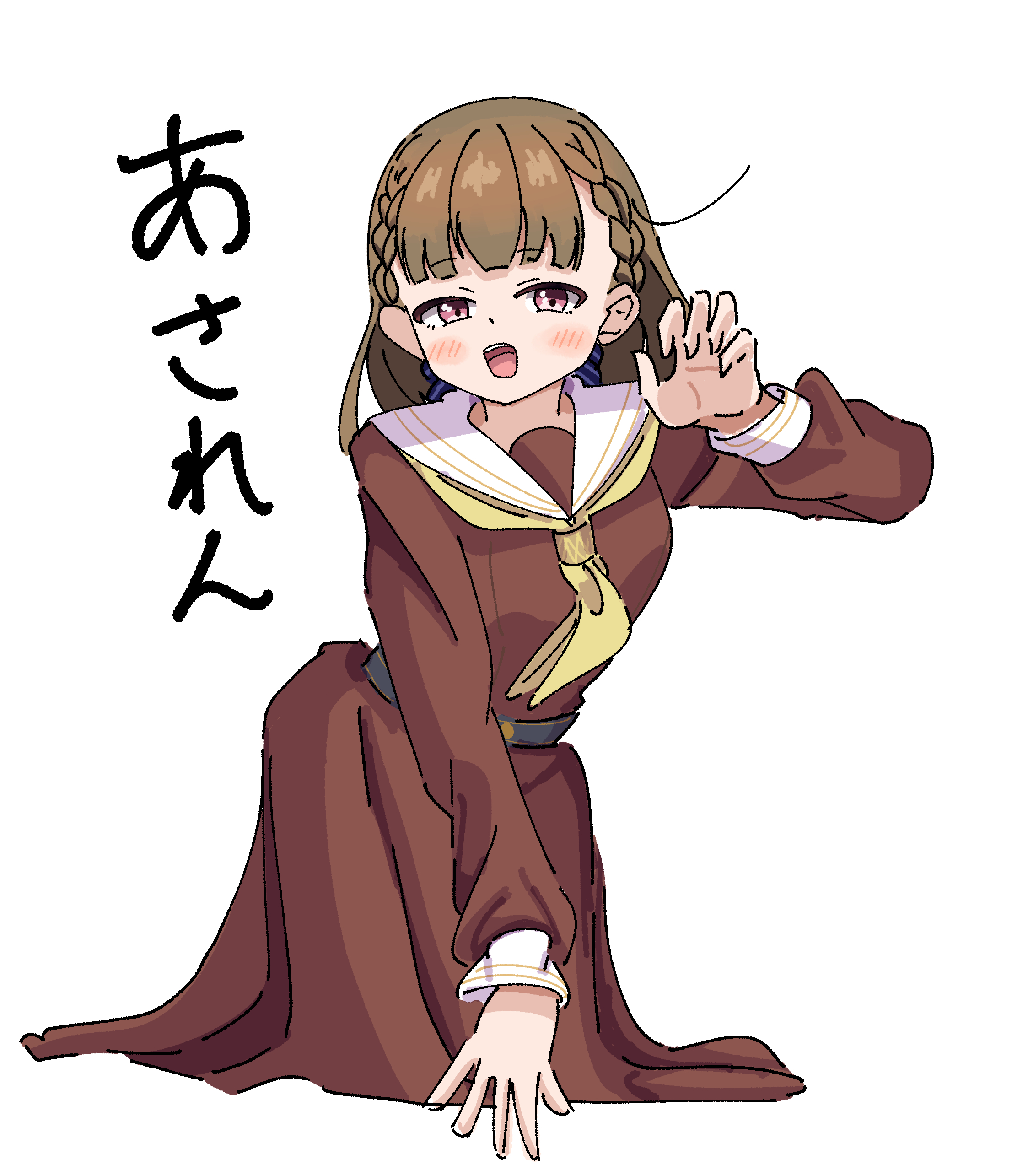 tange murasaki, kachimachi kosuzu, link! like! love live!, love live!, absurdres, commentary, highres, 1girl, black bow, bow, braid, brown dress, brown hair, center-flap bangs, claw pose, dress, full body, hair bow, hasu no sora school uniform, kneeling, long hair, long sleeves, looking at viewer, medium dress, neckerchief, open mouth, pink eyes, pleated dress, sailor collar, sailor dress, school uniform, side ahoge, side braids, solo, teeth, upper teeth only, virtual youtuber, white sailor collar, winter uniform, yellow neckerchief