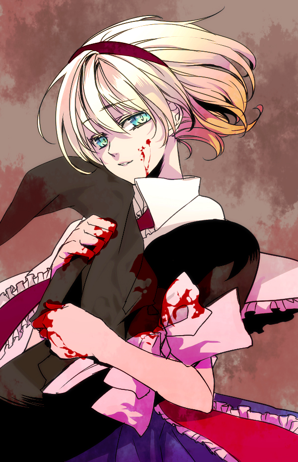 kojoz, alice margatroid, kirisame marisa, touhou, bad id, bad pixiv id, 1girl, blonde hair, blood, blue eyes, capelet, female focus, hairband, hat, ribbon, short hair, solo, witch, witch hat, yandere