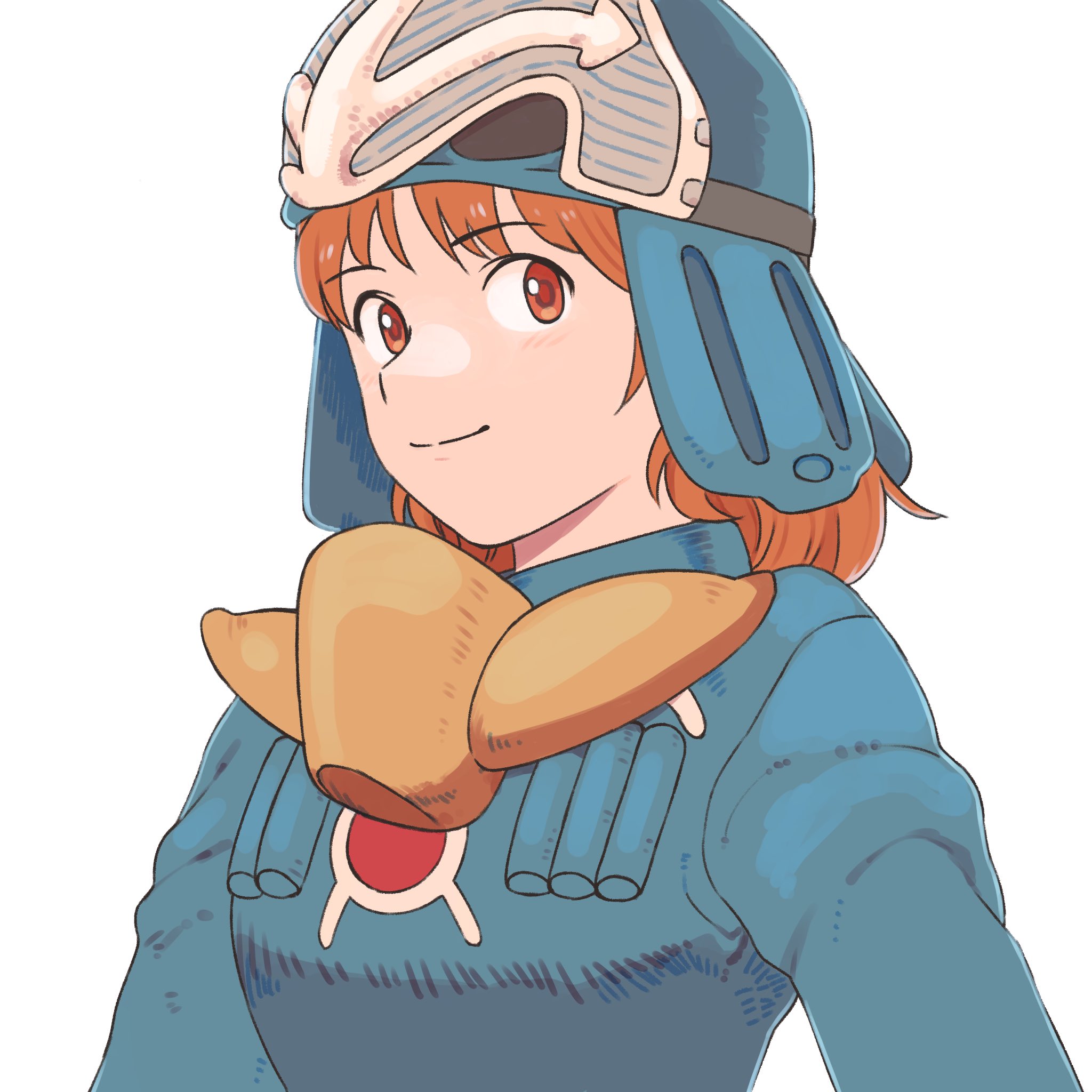 gan2, nausicaa, kaze no tani no nausicaa, commentary, highres, 1girl, blue helmet, blue jacket, helmet, jacket, looking at viewer, mask, mask around neck, red eyes, red hair, short hair, simple background, solo, upper body, white background