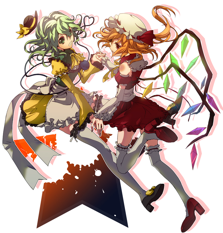manyako (mohumohu), flandre scarlet, komeiji koishi, touhou, bad id, bad pixiv id, 2girls, alternate costume, blonde hair, enmaided, female focus, green eyes, green hair, hat, high heels, holding hands, legs, maid, multiple girls, ponytail, red eyes, shoes, short hair, side ponytail, thighhighs, white thighhighs, wings