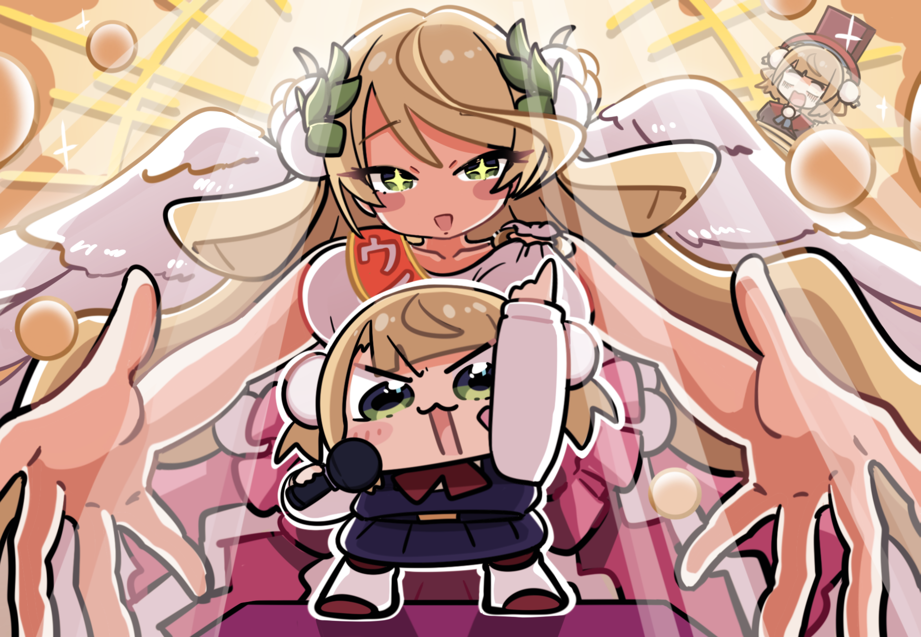 kakue gaku, shigure ui (vtuber), shigure ui (young) (vtuber), indie virtual youtuber, commentary request, highres, 3girls, blonde hair, breasts, chibi, dress, flower, green eyes, hair between eyes, hair ornament, hat, long hair, looking at viewer, multiple girls, open mouth, ribbon, short hair, smile, ui-mama saga, virtual youtuber, white dress, wings