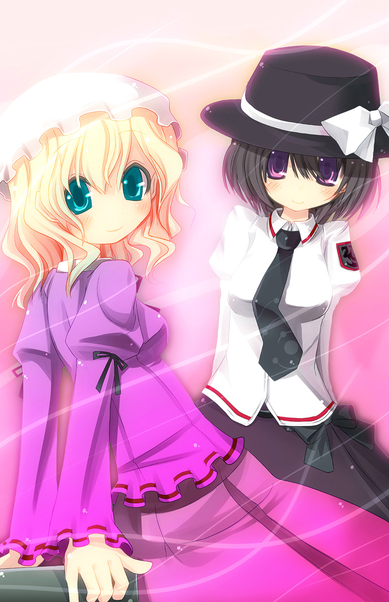 chiimi (bluetea), miichi (mimimi), mimimi, maribel hearn, usami renko, ghostly field club, touhou, highres, 2girls, black hair, blonde hair, blue eyes, female focus, hat, multiple girls, necktie, purple eyes