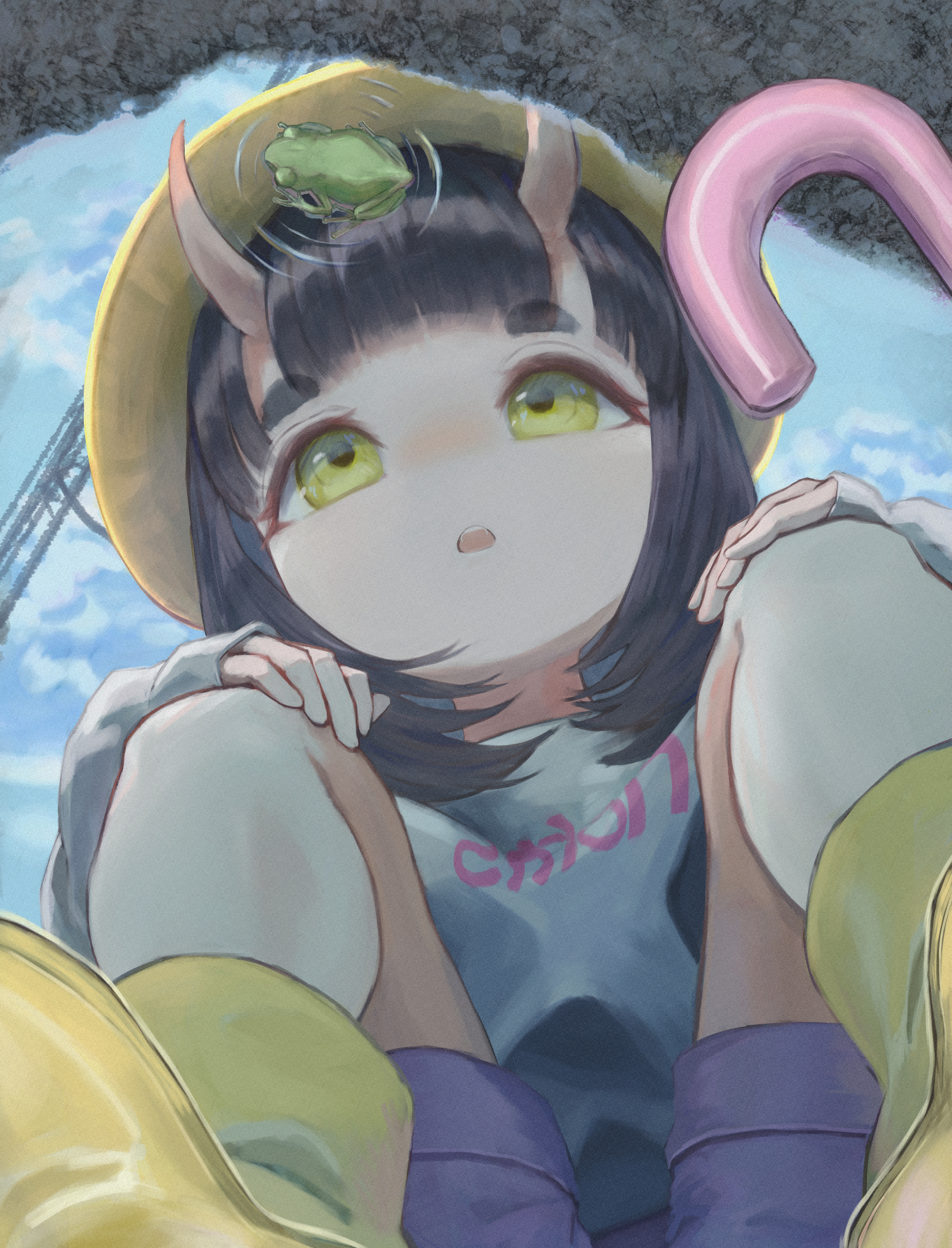 tokaki, original, absurdres, commentary, highres, 1girl, animal, black hair, frog, green eyes, hair between horns, hands on own cheeks, hands on own face, hat, horns, long sleeves, medium hair, oni, open mouth, puddle, reflection, skin-covered horns, sky, solo, squatting, umbrella