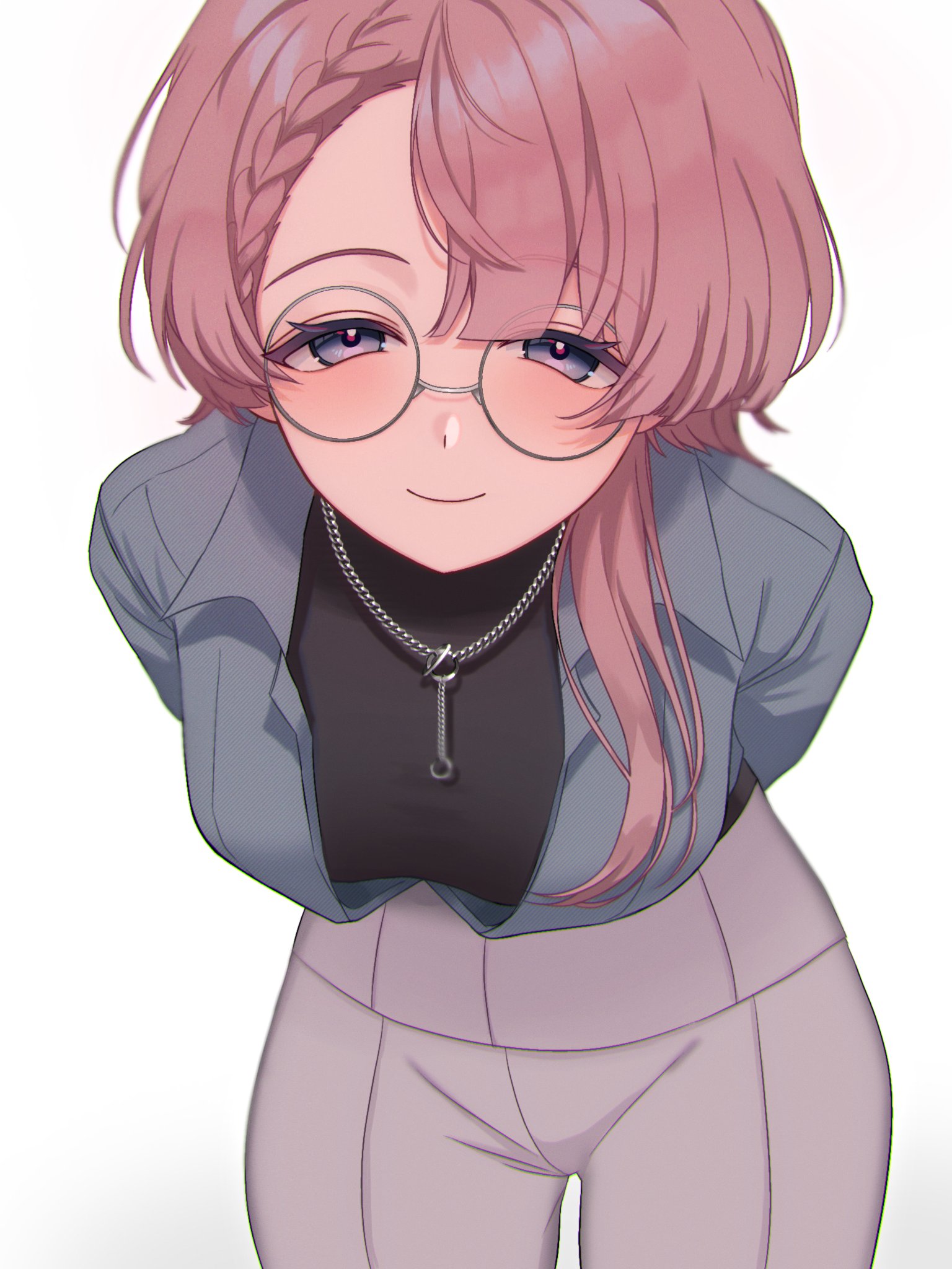 arimura mao, gakuen idolmaster, idolmaster, commentary request, highres, textless version, variant set, 1girl, bespectacled, black sweater, blue jacket, braid, braided bangs, breasts, chain, chain necklace, glasses, grey pants, jacket, jewelry, leaning forward, long hair, looking at viewer, medium breasts, necklace, open clothes, open jacket, pants, pink hair, round eyewear, simple background, solo, speech bubble, sweater, tkitt25, white background