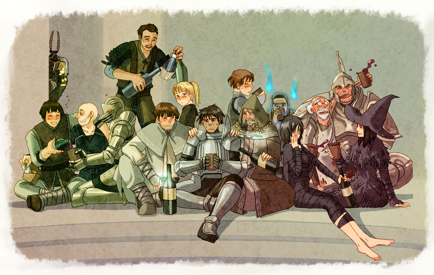 ymd (artist), ymd (pixiv1396541), acolyte of god, biorr of the twin fangs, blacksmith boldwin, blacksmith ed, crestfallen warrior, freke's apprentice, maiden in black, mephistopheles, ostrava of boletaria, patches (fromsoftware), sage freke, sage freke the visionary, saint urbain, slayer of demons, stockpile thomas, worshipper of god, yuria the witch, yurt the silent chief, demon's souls, fromsoftware, 3girls, 6+boys, alcohol, armor, bald, bandages, beard, black hair, blonde hair, blue eyes, blush, bottle, brown eyes, brown hair, cape, closed eyes, dress, drunk, everyone, facial hair, full armor, ghost, glasses, grey hair, happy, hat, helmet, knight, long hair, mask, mole, multiple boys, multiple girls, ponytail, robe, short hair, smile, sweat, white hair, witch, witch hat