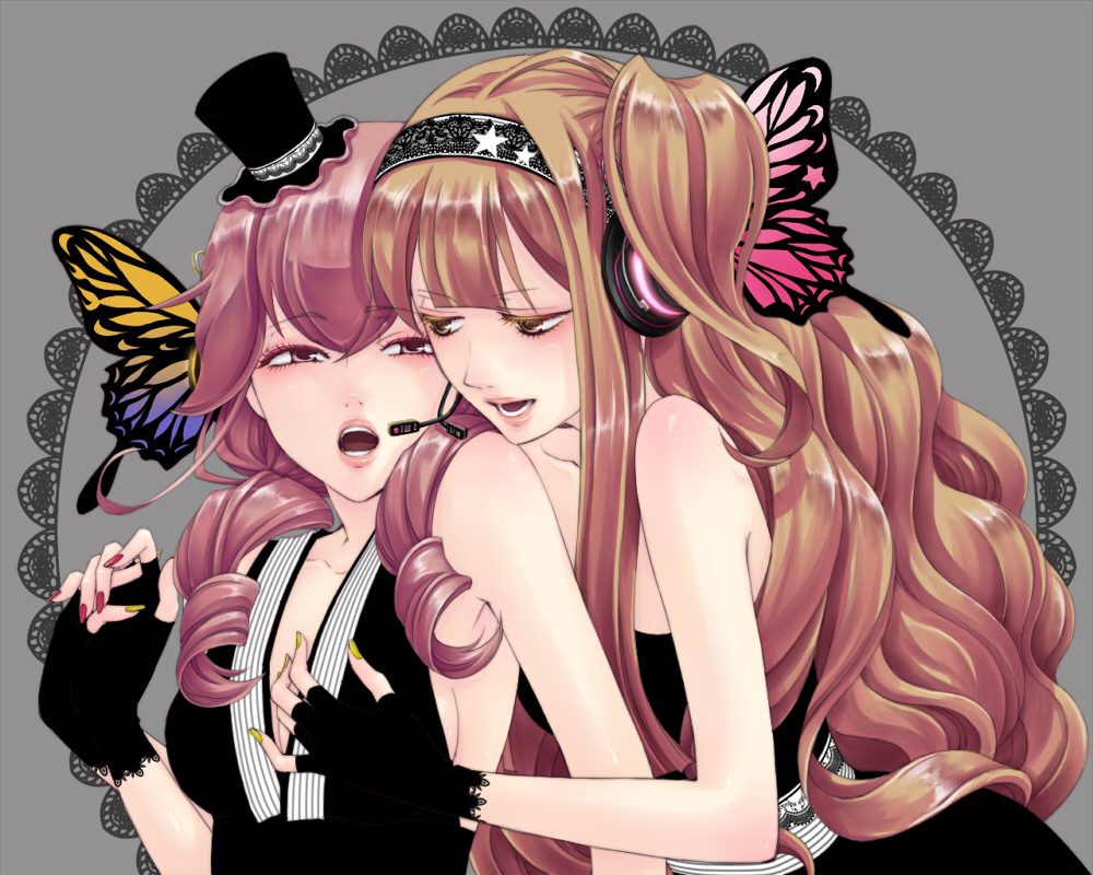 hanaji, akane key, akane kii, mirine mon, magnet (vocaloid), utau, vocaloid, 2girls, brown eyes, brown hair, butterfly, butterfly hair ornament, hair ornament, hairband, hat, headphones, long hair, multiple girls, pink eyes, pink hair, yuri