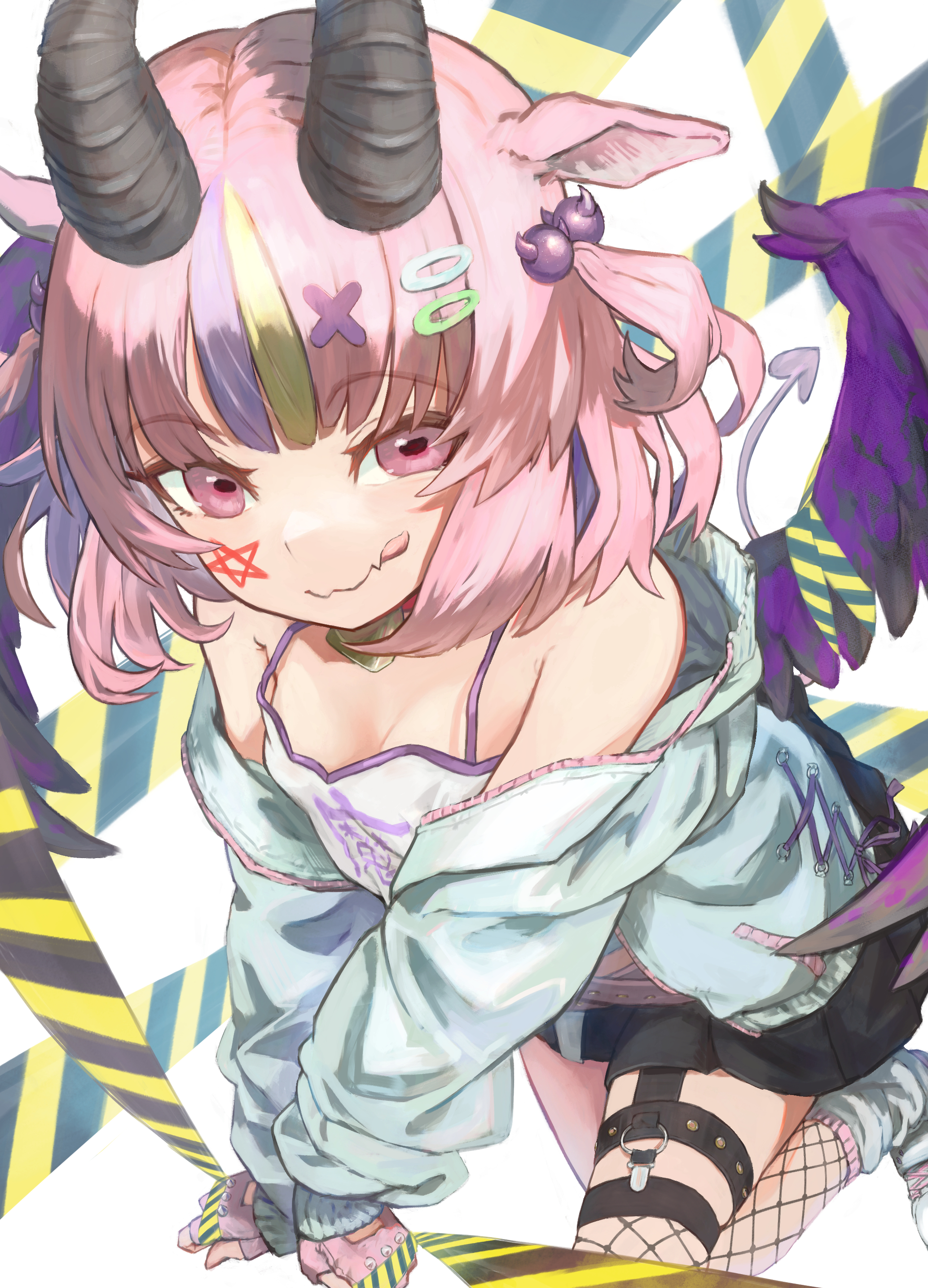 tokaki, original, absurdres, commentary request, highres, 1girl, animal ears, bare shoulders, black skirt, blonde hair, caution tape, demon girl, demon tail, fang, fingerless gloves, fishnets, gloves, hair ornament, horizontal pupils, horns, long sleeves, looking at viewer, multicolored hair, pentagram, pink eyes, pink gloves, pink hair, puffy sleeves, purple hair, simple background, skin fang, skirt, solo, tail, wings, x hair ornament