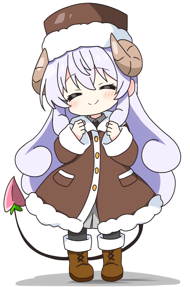 kotatsu-mazoku, lilith (homunculus) (machikado mazoku), lilith (machikado mazoku), machikado mazoku, commentary request, 1girl, black pantyhose, blush, boots, brown boots, brown coat, brown hat, brown horns, buttons, closed eyes, closed mouth, coat, curled horns, demon girl, demon horns, demon tail, full body, fur-trimmed coat, fur-trimmed headwear, fur trim, grey skirt, hands up, hat, horns, lace-up boots, long hair, long sleeves, pantyhose, purple hair, simple background, skirt, smile, solo, standing, tail, white background, winter clothes