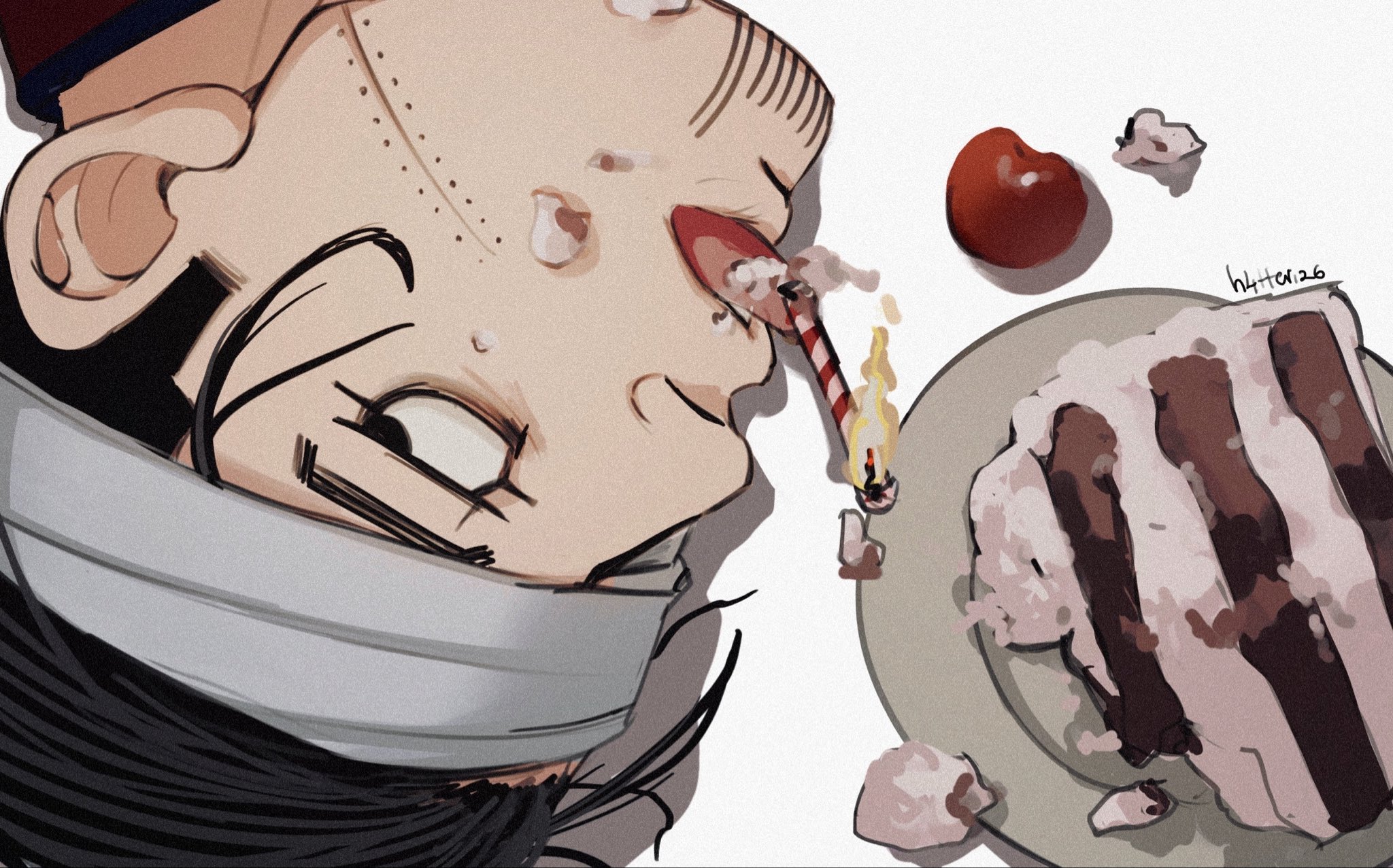 h4tter, ogata hyakunosuke, golden kamuy, commentary, derivative work, highres, screenshot redraw, symbol-only commentary, 1boy, bandage over one eye, birthday, black eyes, black hair, cake, cake slice, candle, close-up, facial hair, facial scar, food, from above, goatee stubble, looking up, male focus, plate, sanpaku, scar, scar on cheek, scar on face, short hair, sideburns, solo, stubble, tongue, tongue out, tsurime, upside-down