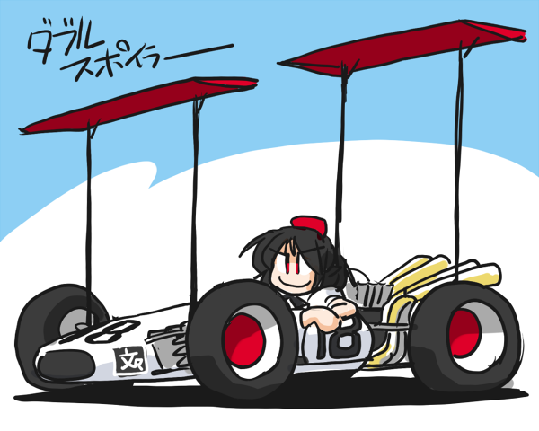 kieyza, shameimaru aya, double spoiler, formula one, touhou, translated, 1girl, black hair, brabham bt26, car, female focus, formula racer, hat, motor vehicle, pun, race vehicle, racecar, racing car, red eyes, short hair, simple background, smile, solo, tokin hat, too literal, vehicle focus