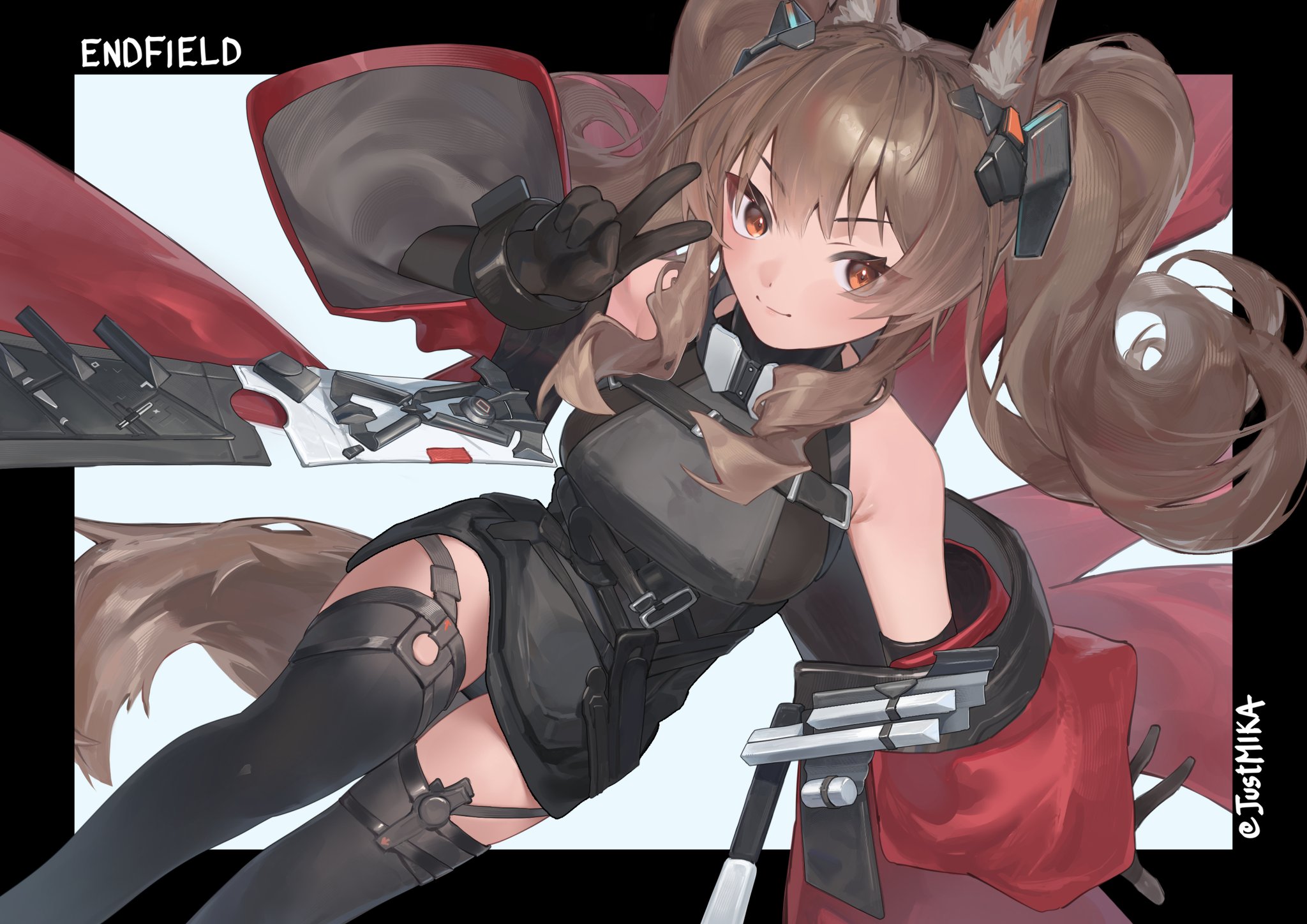 mkrk mikaerukung, angelina (arknights), gilberta (arknights), infection monitor (arknights), arknights, arknights: endfield, commentary, english commentary, highres, 1girl, animal ear fluff, animal ears, bare shoulders, belt, black border, black gloves, black thighhighs, border, bracelet, brown hair, coat, colored inner animal ears, copyright name, diamond-shaped pupils, diamond (shape), dot nose, dress, dutch angle, elbow gloves, fox ears, fox girl, fox tail, gloves, grey background, grey dress, hand up, headpiece, high belt, high collar, impossible clothes, impossible dress, jewelry, long hair, looking at viewer, off shoulder, open clothes, open coat, orange eyes, outside border, red coat, short dress, simple background, smile, solo, symbol-shaped pupils, tail, thighhighs, twintails, twitter username, v, v-shaped eyebrows, wide sleeves, zettai ryouiki