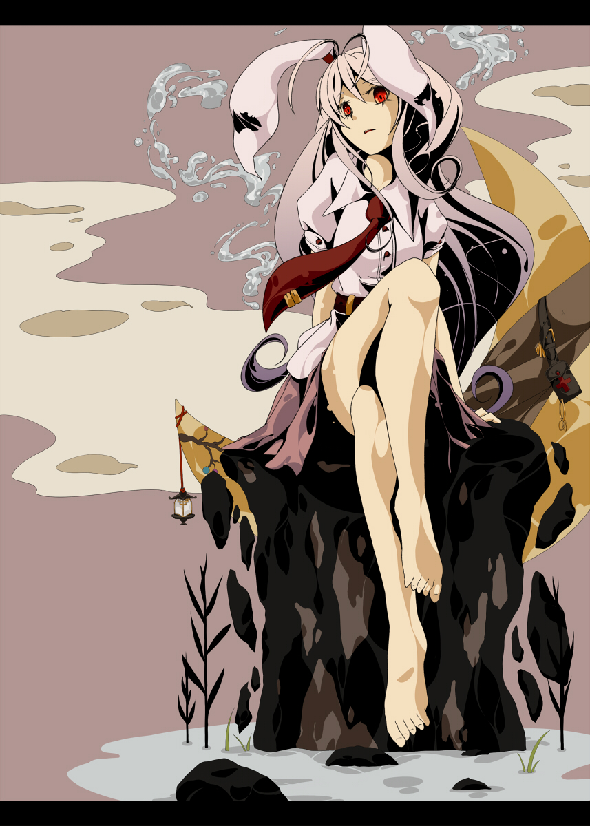 ryuu, ryuu (tsukinoyuki), reisen udongein inaba, touhou, highres, 1girl, animal ears, barefoot, crossed legs, feet, female focus, legs, long hair, necktie, rabbit ears, red eyes, red necktie, sitting, solo, surreal, very long hair