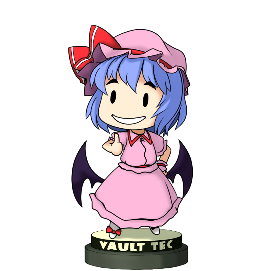 musashi inoudon, musashino udon, remilia scarlet, vault boy, fallout, fallout 3, touhou, 1girl, bat wings, blue hair, bobblehead, female focus, hat, parody, short hair, solo, style parody, wings