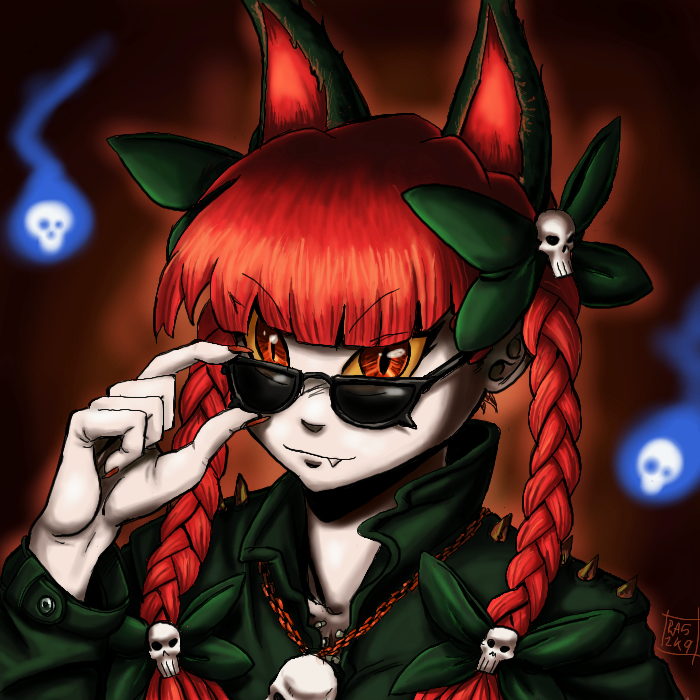 ragathol, kaenbyou rin, touhou, 1girl, animal ears, braid, cat ears, cat girl, extra ears, fang, female focus, hair ribbon, jewelry, necklace, pale skin, portrait, red hair, ribbon, skull, slit pupils, solo, sunglasses, twin braids