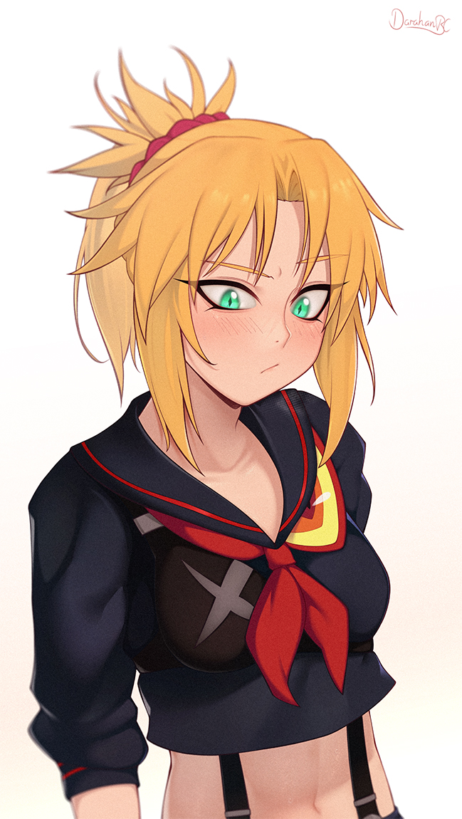 darahan, matoi ryuuko, mordred (fate), senketsu, fate/apocrypha, fate (series), 1girl, blonde hair, braid, breasts, cosplay, green eyes, hair ornament, hair scrunchie, long hair, matoi ryuuko (cosplay), navel, ponytail, red scrunchie, revealing clothes, school uniform, scrunchie, simple background, solo, suspenders