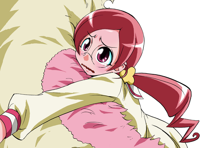 takanecat, coupe (heartcatch precure!), hanasaki tsubomi, heartcatch precure!, precure, bad id, bad pixiv id, 10s, 1girl, glasses, hug, pink eyes, red hair, round eyewear, school uniform, serafuku, tears, twintails