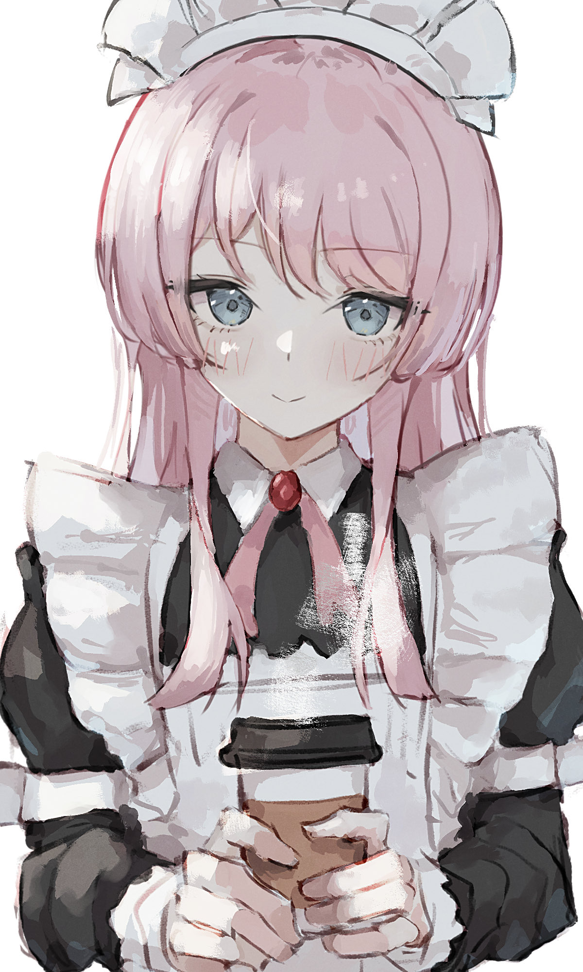 opuricheri, chihaya anon, bang dream!, bang dream! it's mygo!!!!!, commentary, highres, 1girl, blush, closed mouth, cup, disposable cup, grey eyes, holding, holding cup, long hair, long sleeves, maid, maid headdress, pink hair, simple background, solo, upper body, white background