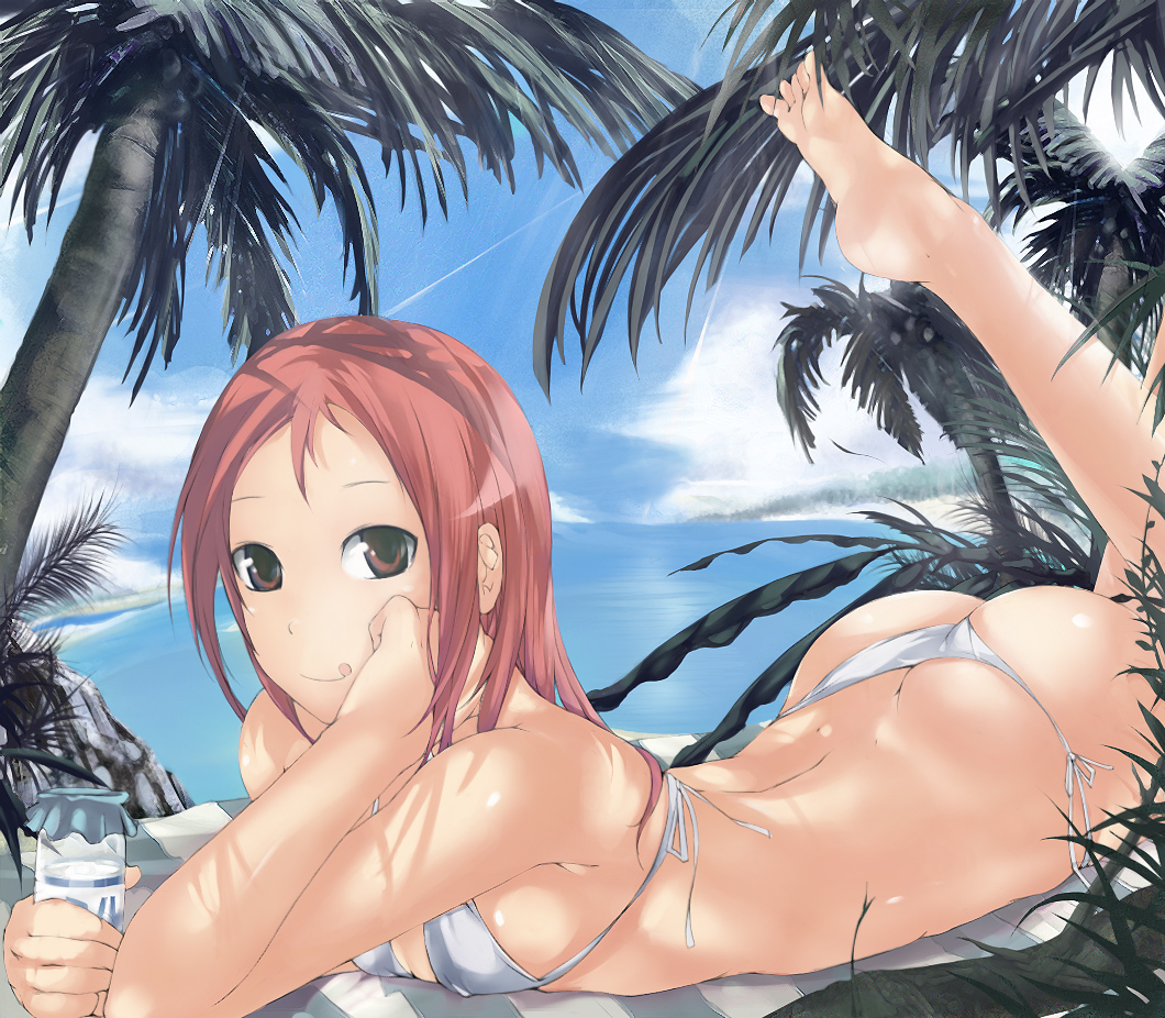 nyami, takei hisa, saki (manga), striped, 1girl, :q, arm support, armpits, ass, back, bad anatomy, bad feet, barefoot, beach, beach towel, bikini, blanket, breasts, butt crack, cloud, day, dimples of venus, drink, feet, female focus, forest, from side, hand on own face, head rest, holding, leaf, legs up, long hair, looking at viewer, lowleg, lowleg bikini, lying, nature, ocean, on stomach, outdoors, palm tree, poorly drawn, red eyes, red hair, rock, shade, side-tie bikini bottom, sideboob, sky, small breasts, soles, solo, string bikini, sun, swimsuit, thong, thong bikini, toes, tongue, tongue out, towel, tree, water, white bikini