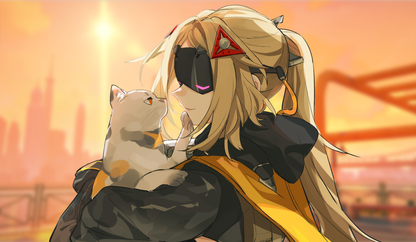 rekka, trigger (zenless zone zero), zenless zone zero, commentary, english commentary, 1girl, animal, black shrug, blindfold mask, blonde hair, blurry, blurry background, camouflage, camouflage jacket, cat, closed mouth, covered eyes, from side, glowing mask, grey cat, hair ornament, holding, holding animal, holding cat, jacket, long hair, mask, outdoors, ponytail, portrait, shrug (clothing), smile, solo, triangle hair ornament