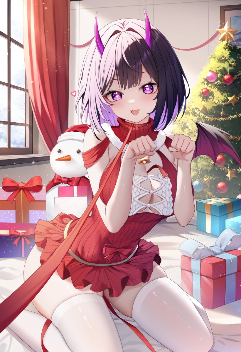 original, commentary, commission, english commentary, highres, vgen commission, 1girl, bamboo14455, bell, black hair, bow, box, breasts, bright pupils, christmas, christmas ornaments, christmas tree, colored inner hair, curtains, dress, gift, gift box, heart, heart-shaped pupils, horns, kneeling, leash, multicolored hair, open mouth, purple eyes, purple hair, purple horns, red bow, red dress, ribbed dress, smile, snowman, solo, star (symbol), symbol-shaped pupils, thighhighs, viewer holding leash, virtual youtuber, white pupils, white thighhighs, ych commission