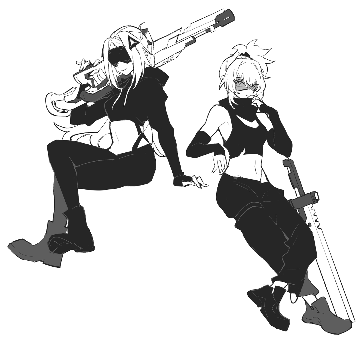 rekka, soldier 11 (zenless zone zero), trigger (zenless zone zero), zenless zone zero, commentary, english commentary, 2girls, adjusting bandana, arm support, bare shoulders, black pants, black shirt, black shoes, closed mouth, crop top, crossed legs, goggles, greyscale, gun, holding, holding gun, holding weapon, invisible chair, long hair, looking to the side, midriff, monochrome, multiple girls, navel, pants, ponytail, rifle, shirt, shoes, simple background, sitting, sniper rifle, sword, torn clothes, torn shirt, weapon, white background