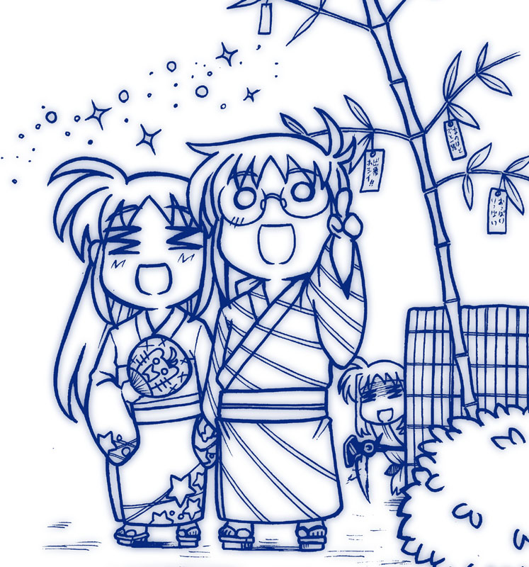 tsukamoto takashi, bardiche (nanoha), fate testarossa, takamachi nanoha, yuuno scrya, lyrical nanoha, mahou shoujo lyrical nanoha, mahou shoujo lyrical nanoha strikers, 00s, 1boy, 2girls, = =, bamboo, blue theme, bush, geta, hand fan, japanese clothes, kimono, monochrome, multiple girls, open mouth, paper fan, pointing, pointing up, shaded face, sparkle, tanabata, uchiwa, yukata