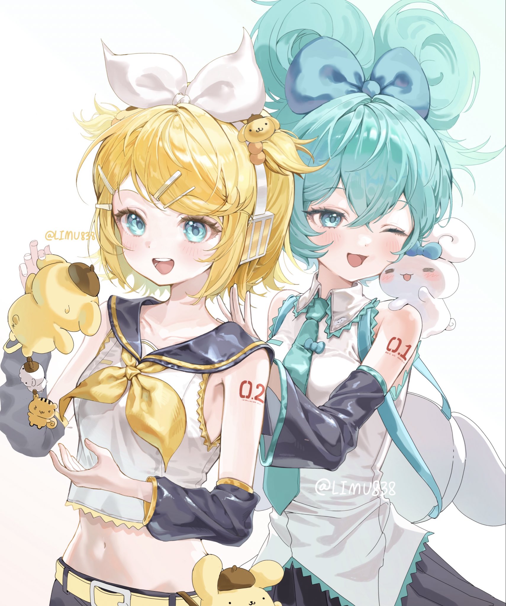 limu838, cinnamiku, cinnamoroll, hatsune miku, kagamine rin, pompompurin, fuwa fuwa cinnamoroll, sanrio, vocaloid, hashtag-only commentary, highres, 2girls, :d, ;d, aqua hair, arm warmers, bare shoulders, black arm warmers, black sailor collar, black sleeves, blonde hair, blue eyes, blush, collared shirt, crop top, cropped shirt, crossed bangs, detached sleeves, double-parted bangs, green necktie, hair between eyes, hair ribbon, headphones, long sleeves, midriff, multiple girls, navel, neckerchief, necktie, one eye closed, open mouth, ribbon, sailor collar, shirt, short hair, simple background, sleeveless, sleeveless shirt, smile, updo, upper body, white background, white ribbon, white shirt, yellow neckerchief