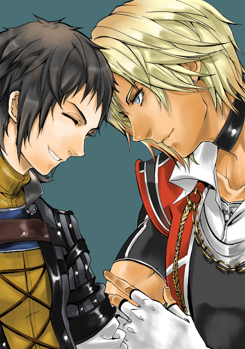 tm jirou, david nassau, rush sykes, the last remnant, 2boys, black hair, blonde hair, blue eyes, closed eyes, fingerless gloves, gloves, male focus, multiple boys