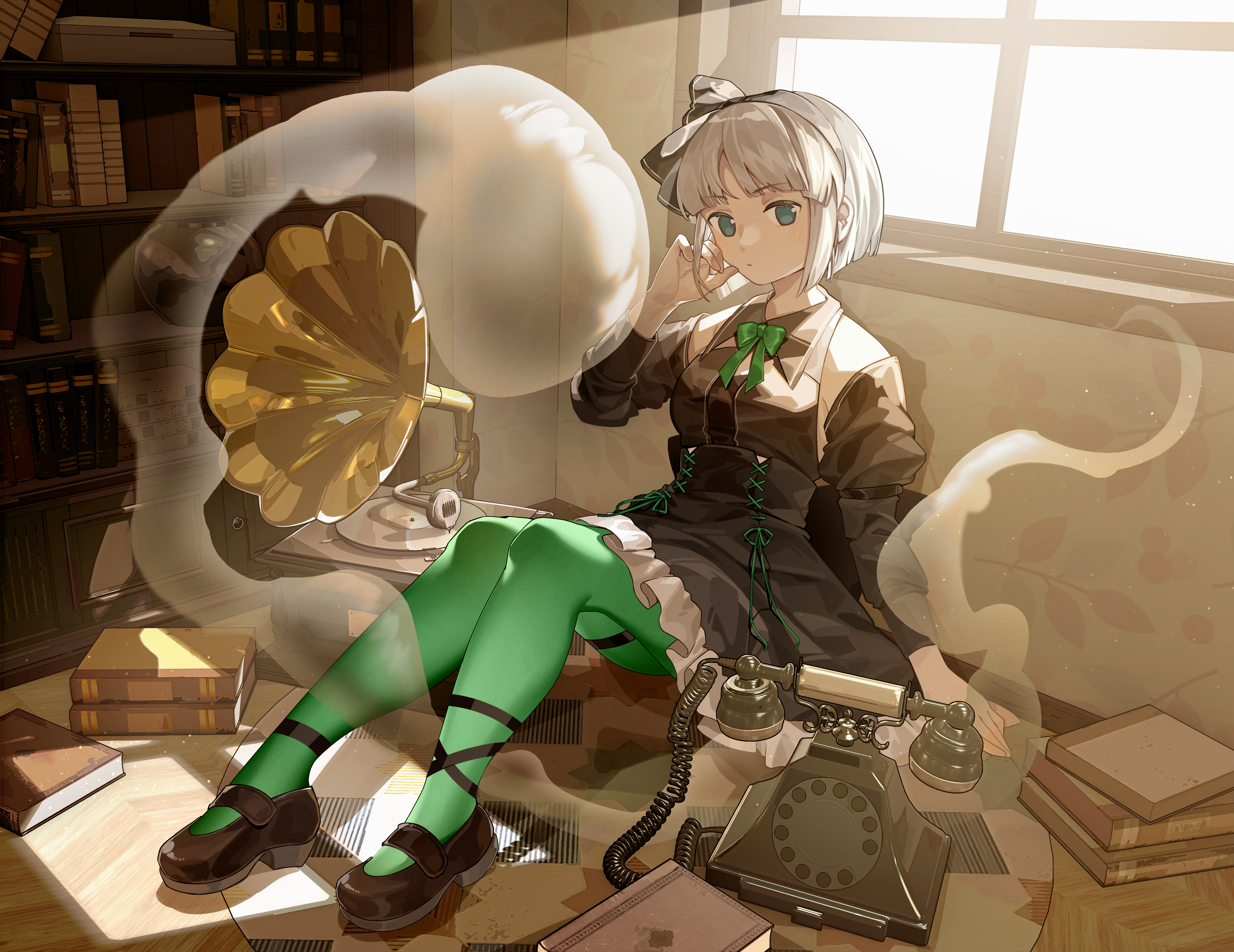 furahata gen, konpaku youmu, konpaku youmu (ghost), touhou, absurdres, chinese commentary, commentary request, highres, second-party source, 1girl, antique phone, black hairband, black ribbon, black shirt, black skirt, black sleeves, blunt ends, book, bookshelf, bow, bowtie, closed mouth, dated, day, detached sleeves, frilled skirt, frills, full body, green bow, green bowtie, green pantyhose, hairband, high-waist skirt, indoors, looking at viewer, mary janes, pantyhose, phone, phonograph, reclining, ribbon, rotary phone, shirt, shoes, short hair, signature, skirt, sleeveless, sleeveless shirt, solo, sunlight, window, window shadow