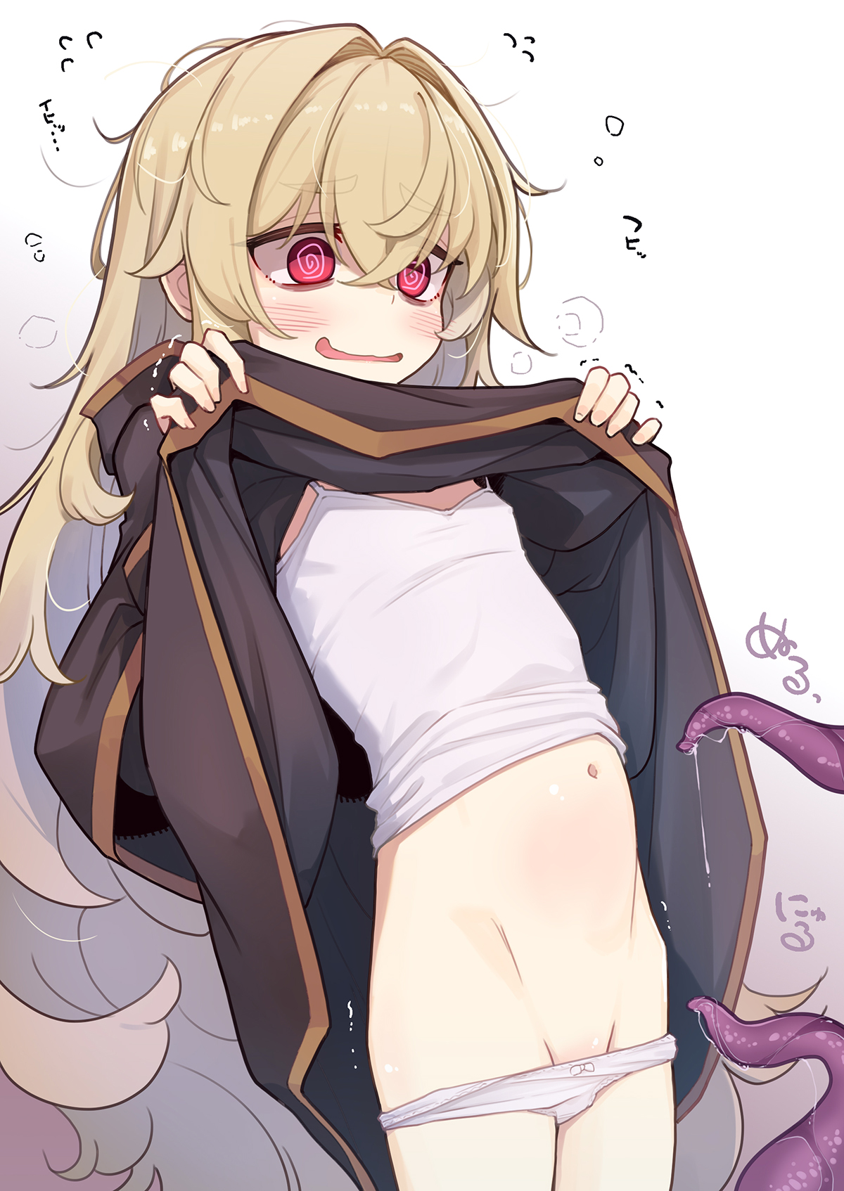 ogami kazuki, original, commentary request, highres, 1girl, @ @, blonde hair, breasts, clothes lift, lifting own clothes, long hair, navel, panties, panty pull, red eyes, small breasts, solo, tentacles, underwear, white panties