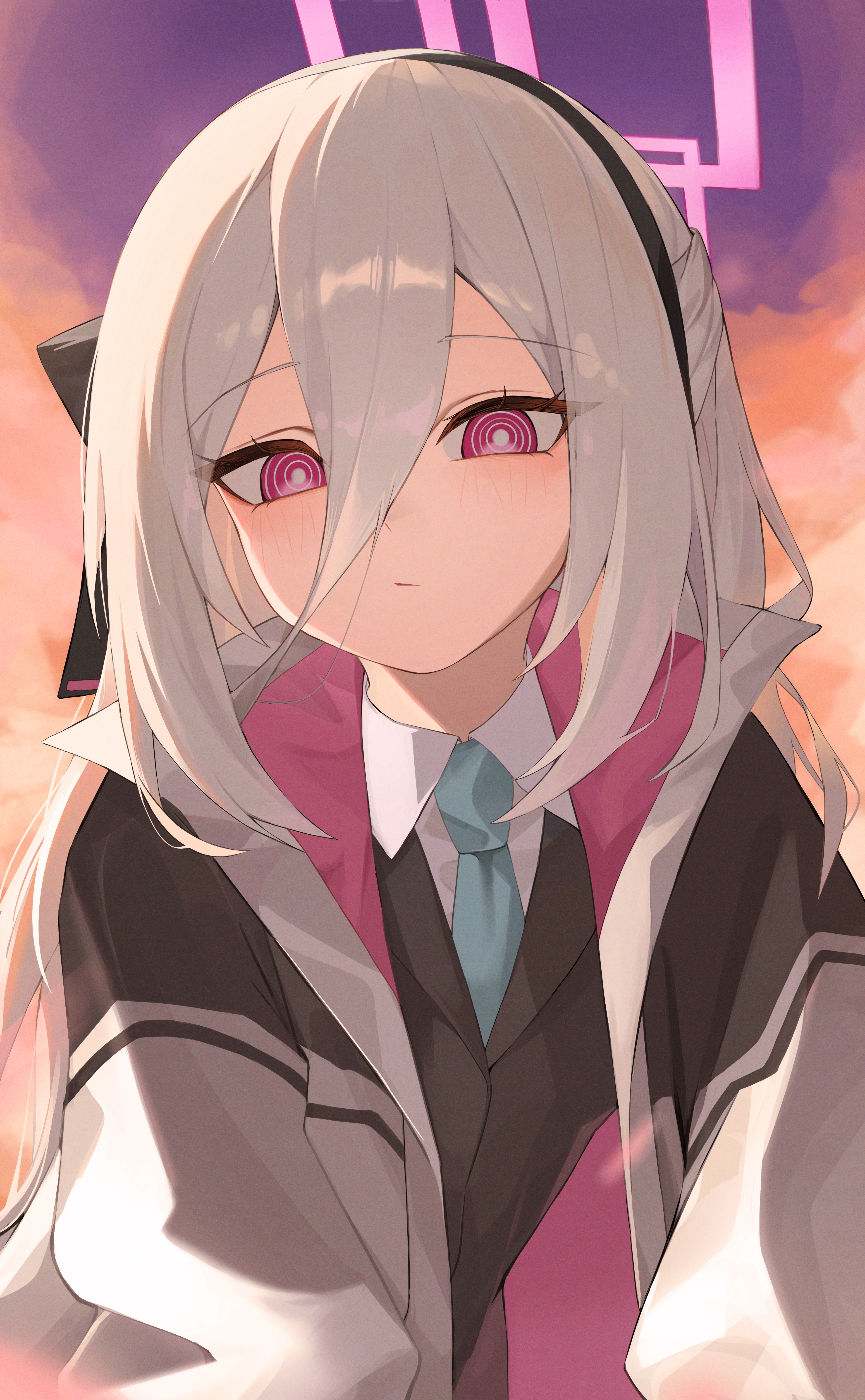 sirong e, kei (blue archive), kei (new body) (blue archive), blue archive, absurdres, commentary, highres, 1girl, black hairband, black vest, blue necktie, collared shirt, expressionless, hairband, halo, light blush, looking at viewer, necktie, pink eyes, pink halo, ringed eyes, shirt, solo, upper body, vest, white hair, white shirt