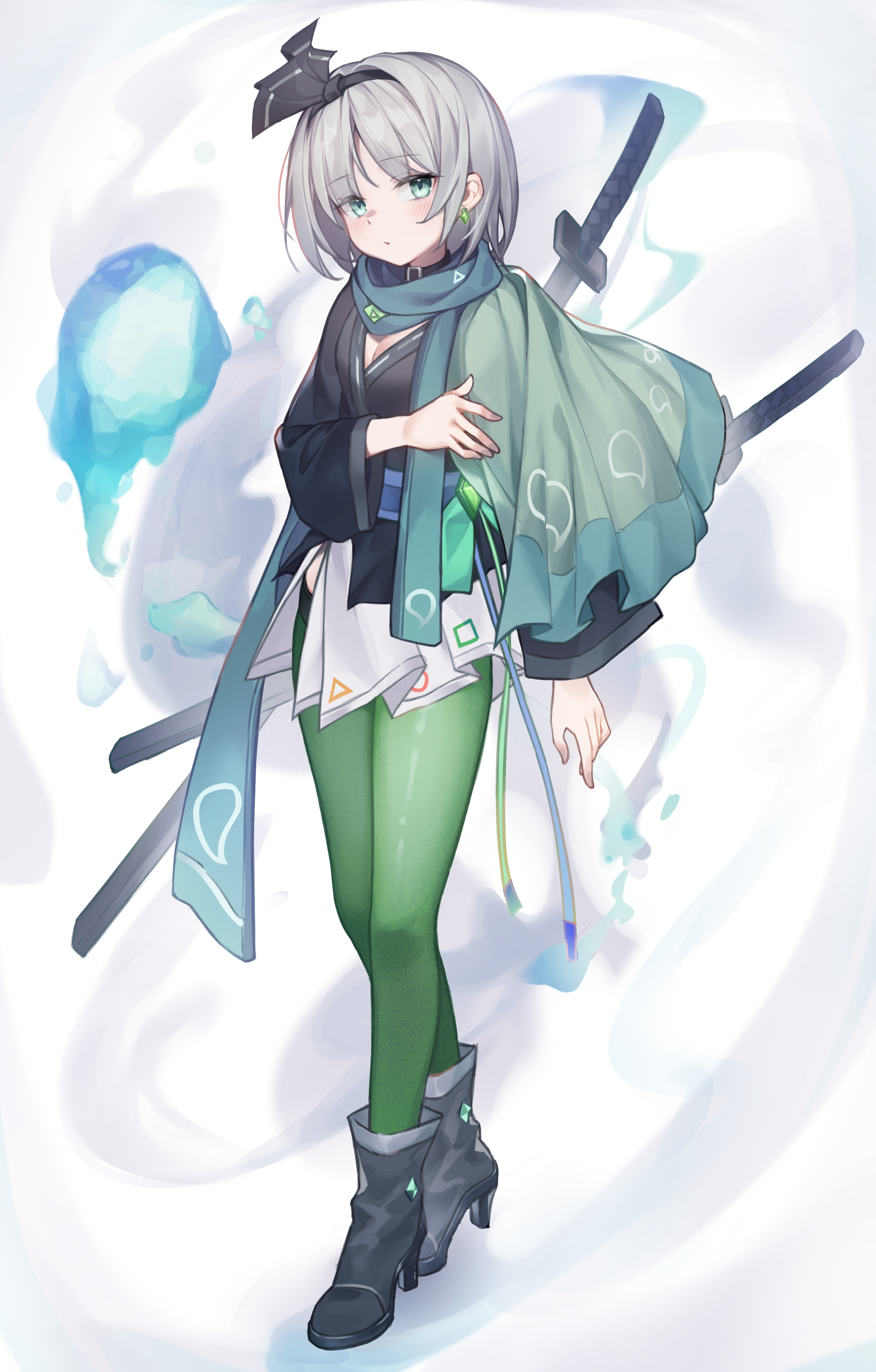 mofashi (sxaf8777), konpaku youmu, touhou, absurdres, chinese commentary, commentary request, highres, second-party source, 1girl, alternate costume, black boots, black hairband, black kimono, black ribbon, boots, breasts, cape, cleavage, closed mouth, earrings, full body, green cape, green eyes, green pantyhose, green scarf, grey hair, hairband, high heel boots, high heels, hitodama, japanese clothes, jewelry, kimono, long sleeves, looking at viewer, pantyhose, ribbon, scarf, sheath, sheathed, short hair, skirt, solo, sword, sword on back, weapon, weapon on back, white skirt