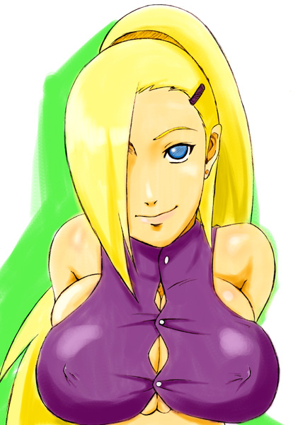 sahara wataru, yamanaka ino, naruto (classic), naruto (series), naruto shippuuden, 1girl, alternate breast size (larger), bare shoulders, blonde hair, blue eyes, breast press, breasts, breasts squeezed together, bursting breasts, covered erect nipples, female focus, hair over one eye, halterneck, huge breasts, large breasts, long hair, looking at viewer, ponytail, simple background, skin tight, smile, solo, undersized clothes, upper body, white background