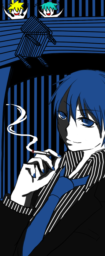 hatsune mikuo, kagamine len, kaito (vocaloid), vocaloid, 3boys, chair, cigarette, laughing, male focus, multiple boys, smoke, throw chair, throwing, upper body