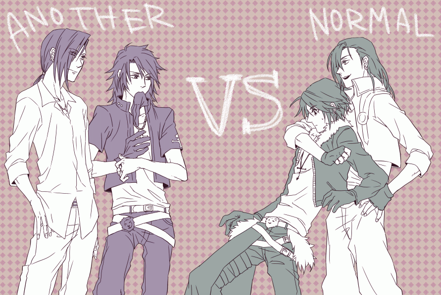 kataru, laguna loire, squall leonhart, dissidia final fantasy, final fantasy, final fantasy viii, kingdom hearts, artist request, bad id, bad pixiv id, spoilers, 1990s (style), 2boys, age difference, argyle background, argyle clothes, belt, black gloves, comparison, dual persona, earrings, english text, family, father and son, fingerless gloves, fur collar, gloves, hair over one eye, hand on own hip, hip focus, jacket, jewelry, long hair, male focus, monochrome, mouth hold, multiple belts, multiple boys, multiple monochrome, multiple persona, necklace, pink background, ponytail, retro artstyle, scar, shirt, time paradox, vs, white shirt, zelo