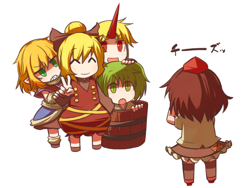 hakika, hoshiguma yuugi, kisume, kurodani yamame, mizuhashi parsee, shameimaru aya, touhou, bad id, bad pixiv id, 5girls, ^ ^, bucket, chibi, closed eyes, female focus, hat, horns, in bucket, in container, multiple girls, single horn, v