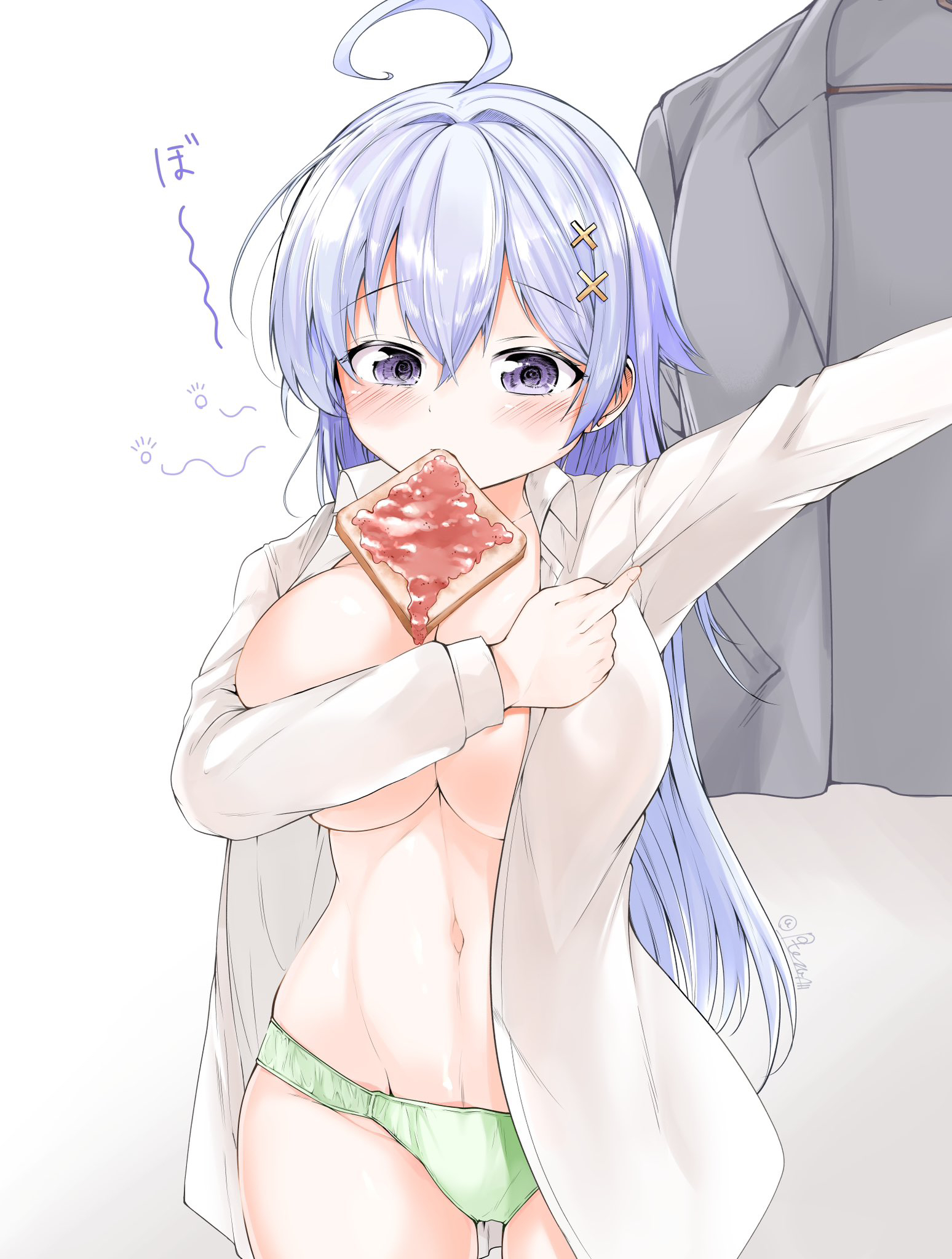 potera, hiwamura hiyori, yowa yowa sensei, commentary request, highres, translation request, 1girl, @ @, ahoge, blush, bread, bread slice, breasts, clothes hanger, collared shirt, convenient arm, cowboy shot, dress shirt, dressing, food, food in mouth, green panties, grey jacket, hair ornament, hat, jacket, large breasts, long hair, mouth hold, navel, no bra, no pants, panties, purple eyes, purple hair, shirt, solo, standing, toast, toast in mouth, underwear, unworn hat, unworn headwear, white background, white shirt, x hair ornament