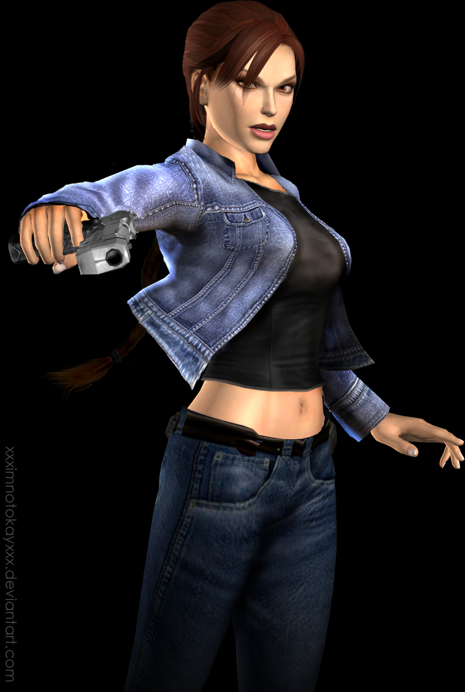 lara croft, tomb raider, highres, 1girl, 3d, breasts, brown hair, female focus, gangsta hold, gun, handgun, large breasts, long hair, midriff, navel, open clothes, open shirt, pants, pistol, shirt, simple background, solo, weapon