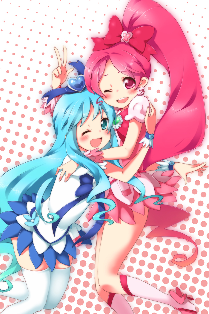 mitsuki meia, cure blossom, cure marine, hanasaki tsubomi, kurumi erika, heartcatch precure!, precure, white legwear, 10s, 2girls, aqua hair, blue skirt, boots, bow, brooch, hair bow, halftone, halftone background, heart, heart brooch, high ponytail, jewelry, knee boots, long hair, magical girl, multiple girls, one eye closed, open mouth, pink hair, ponytail, skirt, thighhighs, v, very long hair, wink, wrist cuffs