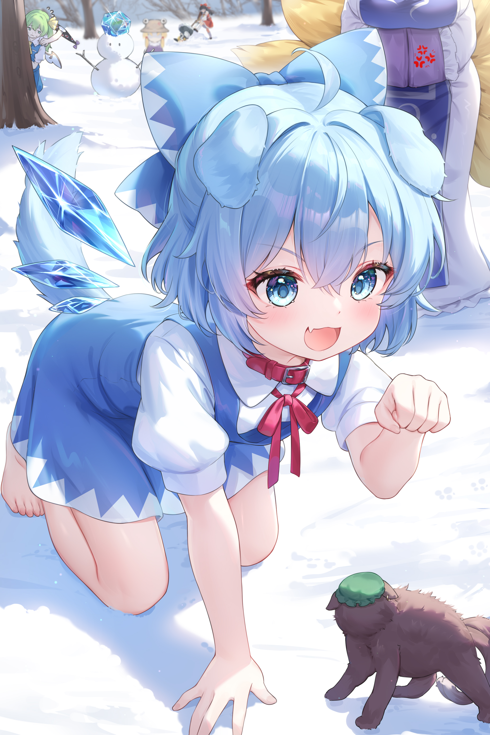 kuroida, chen, chen (cat), cirno, daiyousei, hakurei reimu, kirisame marisa, moriya suwako, yakumo ran, yakumo yukari, touhou, absurdres, highres, 6+girls, animal ears, barefoot, black cat, blue hair, bow, cat, dog ears, dog tail, fox tail, gap (touhou), hat, ice, ice wings, mob cap, multiple girls, multiple tails, puffy short sleeves, puffy sleeves, short sleeves, snow, snowman, tail, two tails, wings