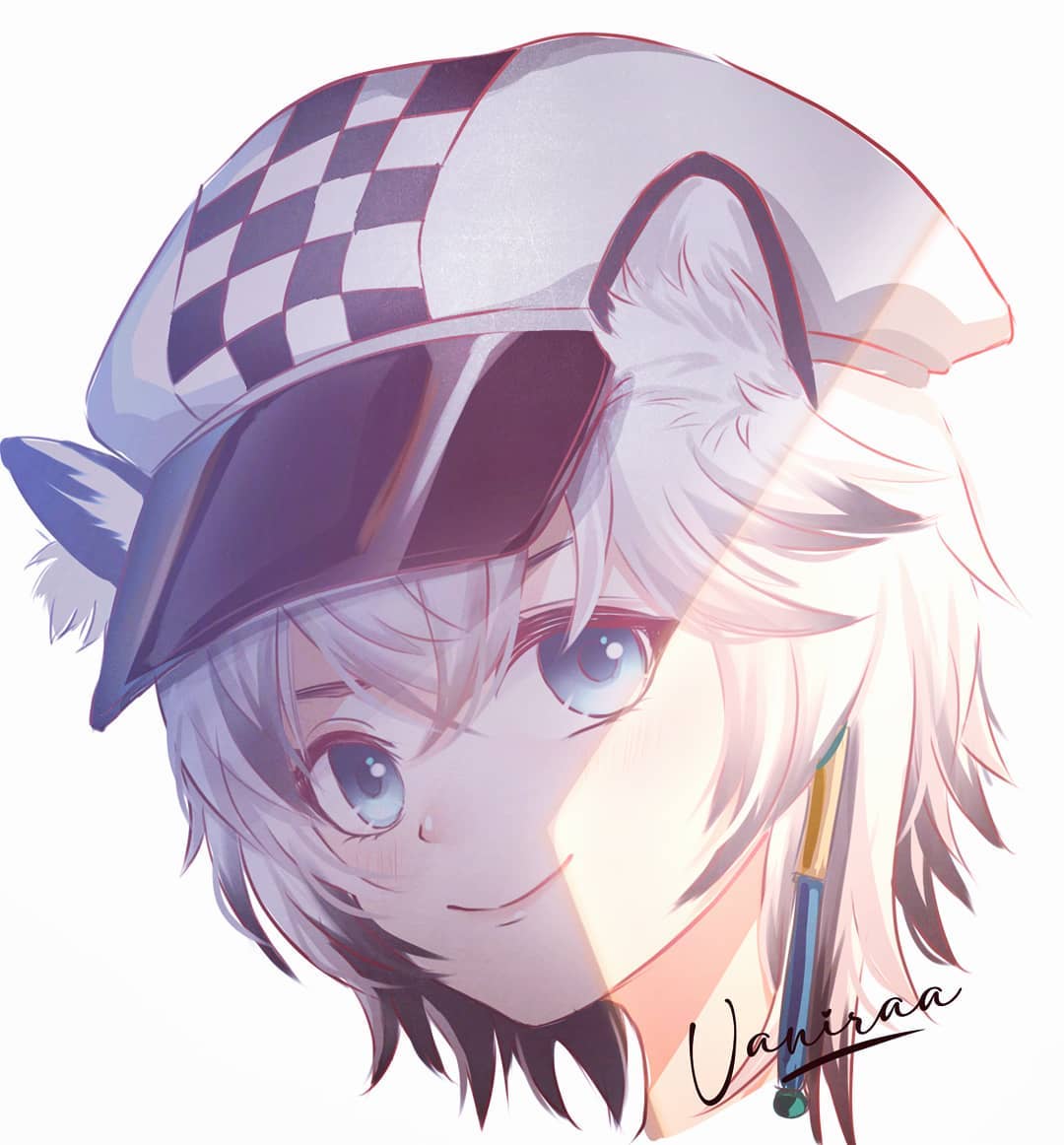 vaniraaa, cliffheart (arknights), arknights, commentary, 1girl, animal ear fluff, artist name, black streaks, blue eyes, checkered hat, closed mouth, cropped head, hair between eyes, hat, multicolored hair, short hair, simple background, smile, snow leopard ears, snow leopard girl, solo, streaked hair, white background, white hat