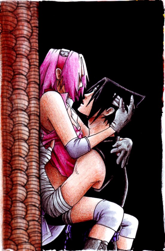 nami64, haruno sakura, uchiha sasuke, naruto (classic), naruto (series), bare shoulders, bike shorts, black hair, boots, couple, detached sleeves, gloves, headband, legs, open mouth, pink hair, shirt, short hair, shorts, simple background, standing