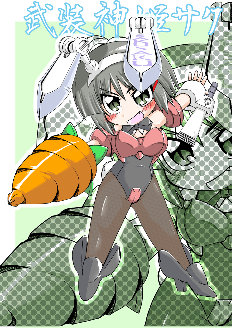 ikebata homura, aizawa sakuya, hayate no gotoku!, animal ears, blush, bow, bowtie, carrot, chibi, drill, fake animal ears, fang, fishnet pantyhose, fishnets, green eyes, grey hair, hair ornament, hairclip, hand fan, harisen, high heels, pantyhose, playboy bunny, rabbit ears, robot ears, shoes, short hair, solo, standing, zoom layer