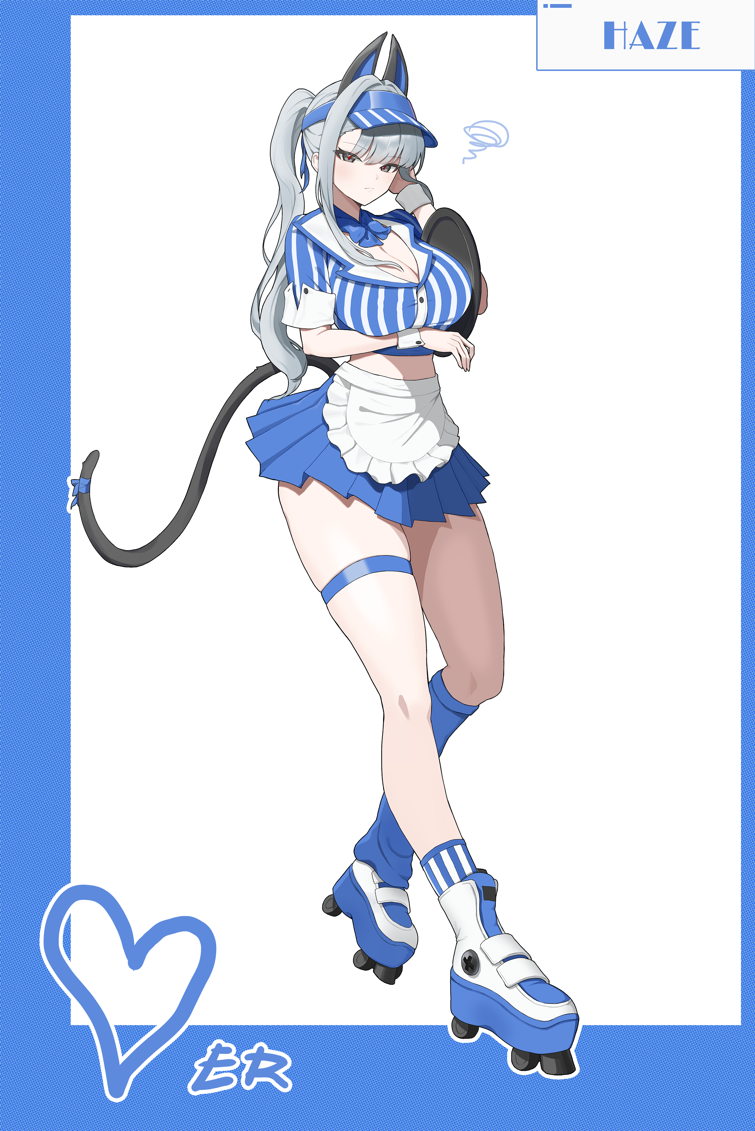 pyogo, haze (black survival), black survival, eternal return: black survival, absurdres, commentary request, highres, 1girl, animal ears, apron, arm under breasts, black eyes, blue shirt, blue shoes, blue skirt, blue socks, bow, bowtie, breasts, cat ears, cat tail, crop top, grey hair, kneehighs, large breasts, long hair, looking at viewer, midriff, miniskirt, pleated skirt, ponytail, roller skates, shirt, shoes, short sleeves, single kneehigh, single sock, skates, skindentation, skirt, socks, solo, striped clothes, striped shirt, tail, thigh strap, thighs, visor cap, waist apron, wrist cuffs