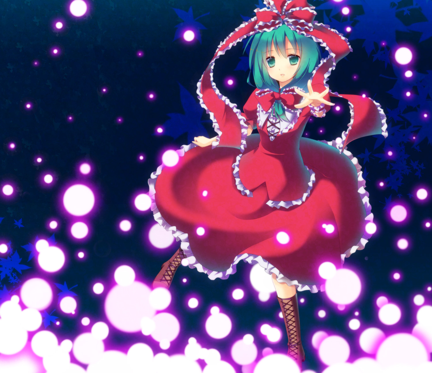 cresc-dol, kagiyama hina, touhou, bad id, bad pixiv id, highres, 1girl, boots, bow, danmaku, dress, female focus, front ponytail, green eyes, green hair, hair bow, hair ribbon, leaf, matching hair/eyes, ribbon, short hair, solo