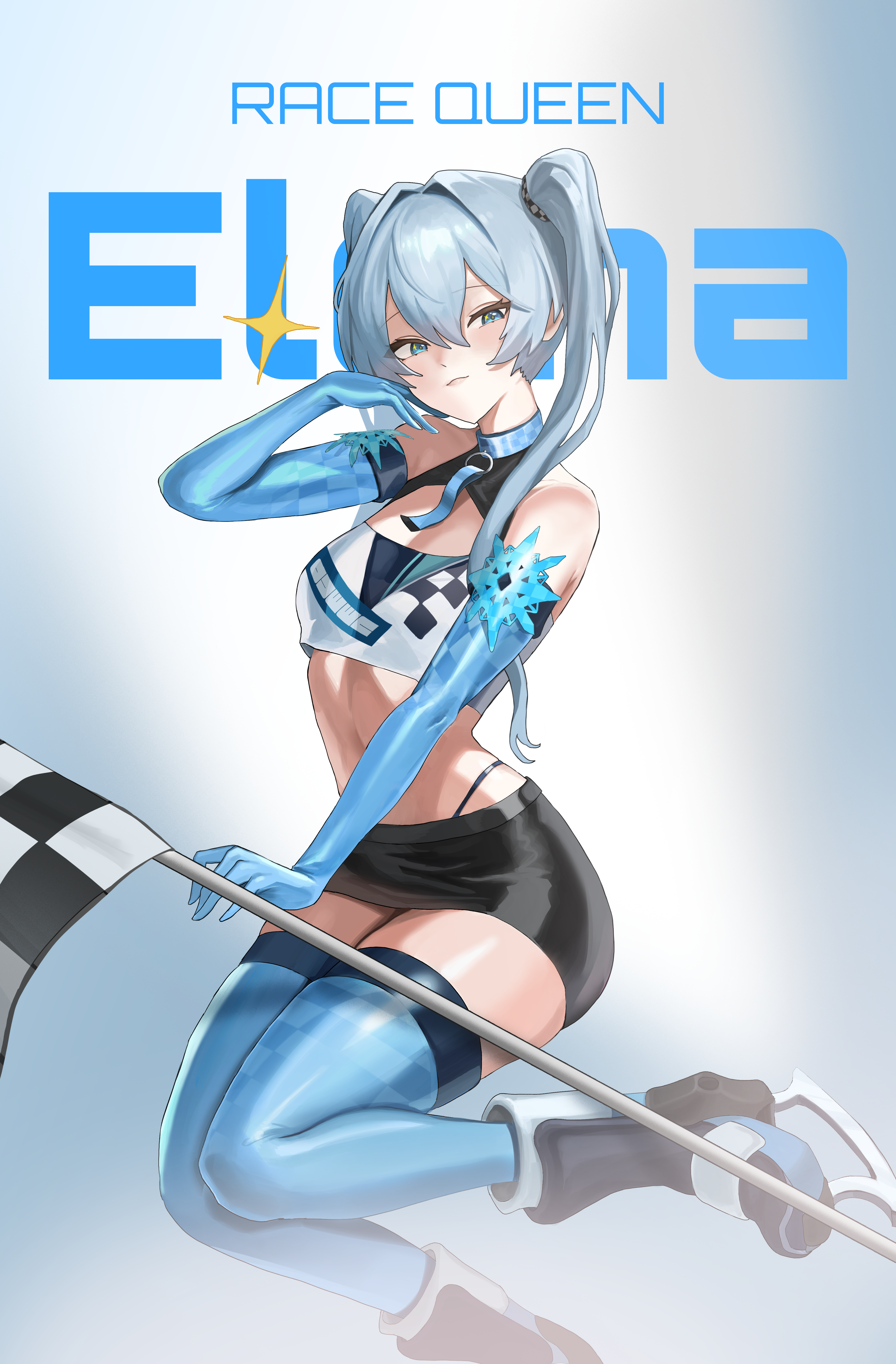 pyogo, elena jarvinen, black survival, eternal return: black survival, absurdres, highres, 1girl, bare shoulders, black skirt, blue choker, blue eyes, blue gloves, blue hair, blue thighhighs, choker, crop top, elbow gloves, flag, gloves, highleg, holding, holding flag, ice skates, long hair, looking at viewer, midriff, miniskirt, panty straps, pencil skirt, race queen, shirt, skates, skirt, sleeveless, sleeveless shirt, solo, thighhighs, twintails, white shirt, zettai ryouiki