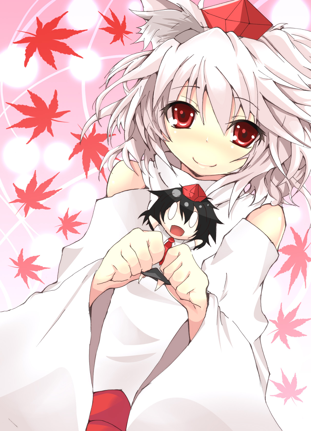 hinata sora, inubashiri momiji, shameimaru aya, touhou, colorized, highres, 1girl, animal ears, black hair, blush, character doll, clenched hands, detached sleeves, doll, female focus, hat, looking at viewer, red eyes, short hair, solo, tokin hat, white hair, wolf ears