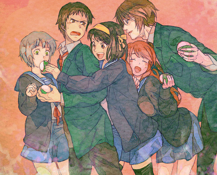 yukasu, asahina mikuru, koizumi itsuki, kyon, nagato yuki, suzumiya haruhi, suzumiya haruhi no yuuutsu, silver hair, 2boys, 3girls, breast press, breasts, brown hair, cardigan, feeding, food, force-feeding, long hair, mochi, multiple boys, multiple girls, pushing, sakura mochi, school uniform, serafuku, short hair, small breasts, thighhighs, wagashi