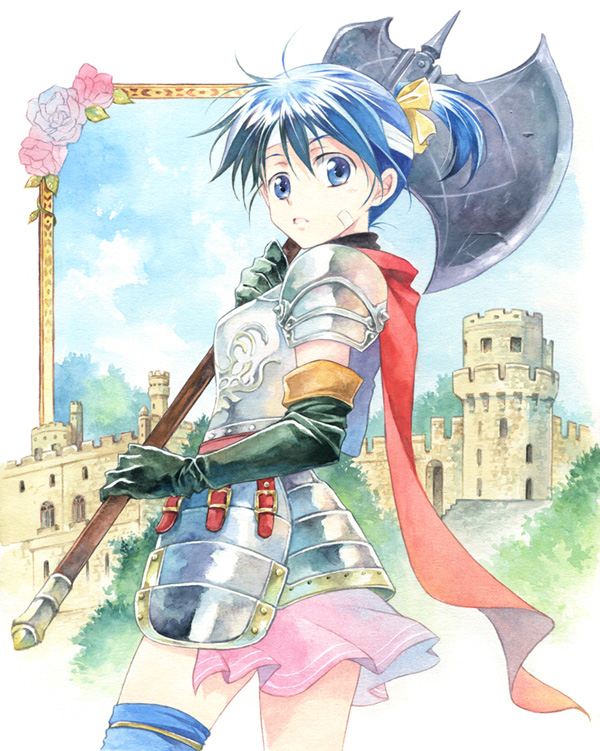 agahari, original, bad id, bad pixiv id, traditional media, 1girl, armor, axe, bandages, blue eyes, blue hair, bow, cape, castle, elbow gloves, female focus, flower, gloves, headband, knight, looking back, matching hair/eyes, ponytail, skirt, solo, thighhighs, warrior, weapon